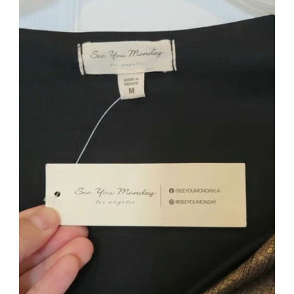 See You Monday Women M Gold bronze metallic V-neck Midi Dress NWT - Picture 7 of 8